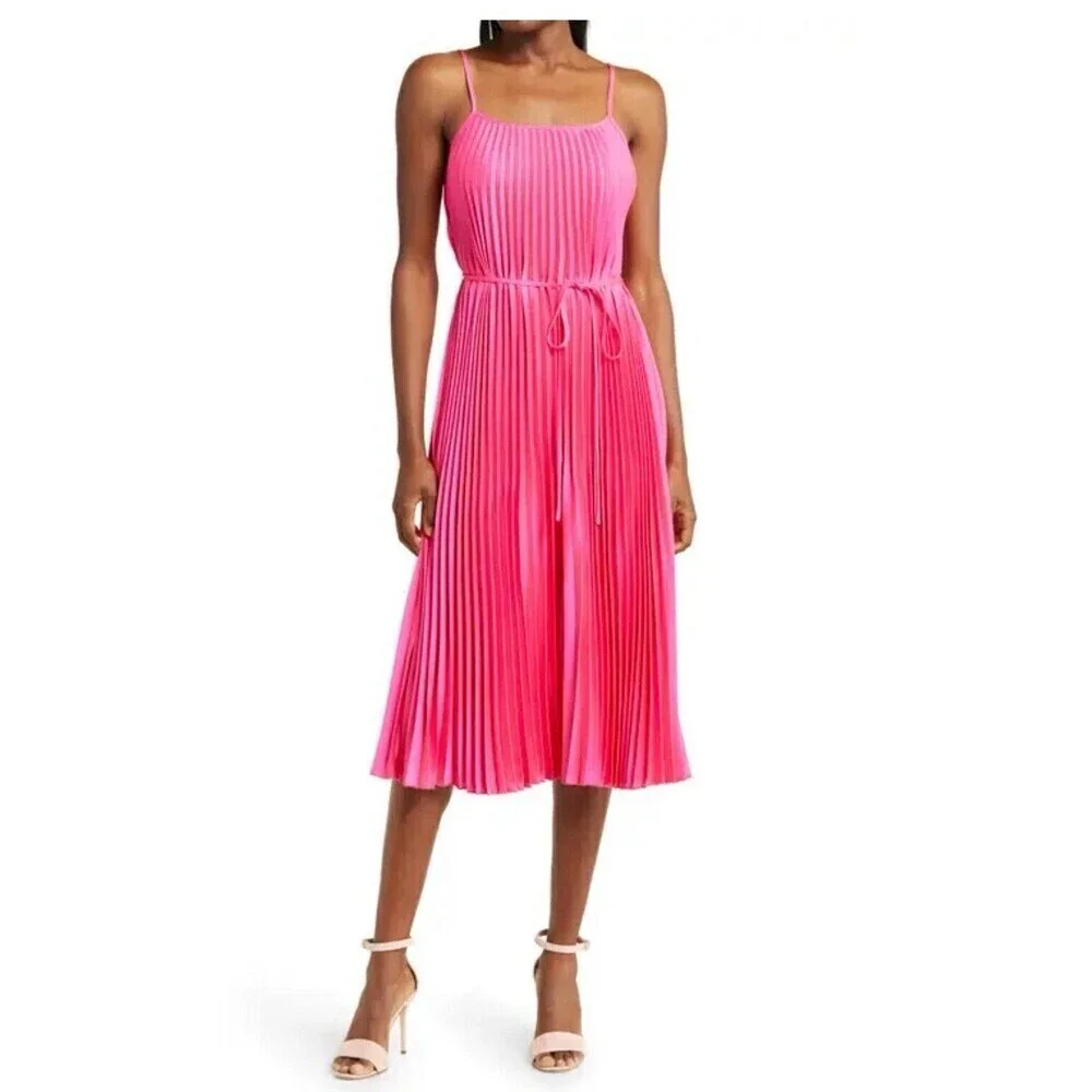 Sam Edelman barbiecore midi dress Hammered Satin Plissé luxury Dress Pink tie M - Picture 8 of 9